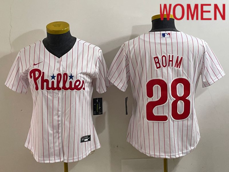 Women Philadelphia Phillies #28 Bohm White stripe Game 2024 Nike MLB Jersey style 1